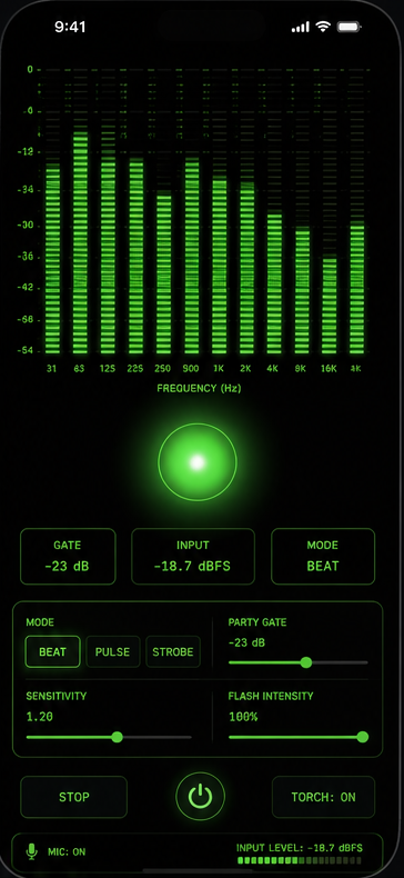 BeatOFlash equalizer and beat controls
